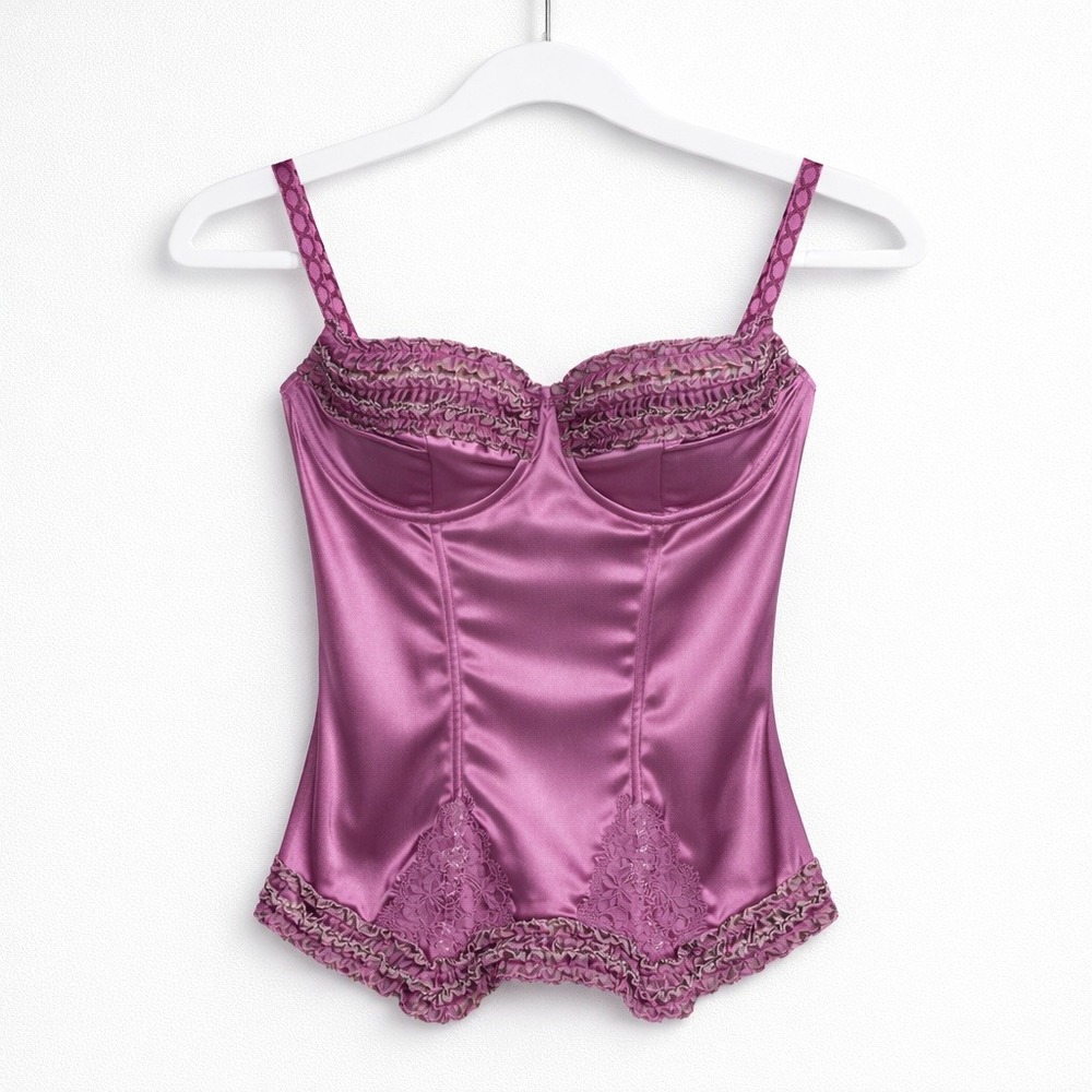 Jezebel Pink Satin Corset Bustier Top 36C Leopard Lace Coquette Barbie Y2K‎ Glam